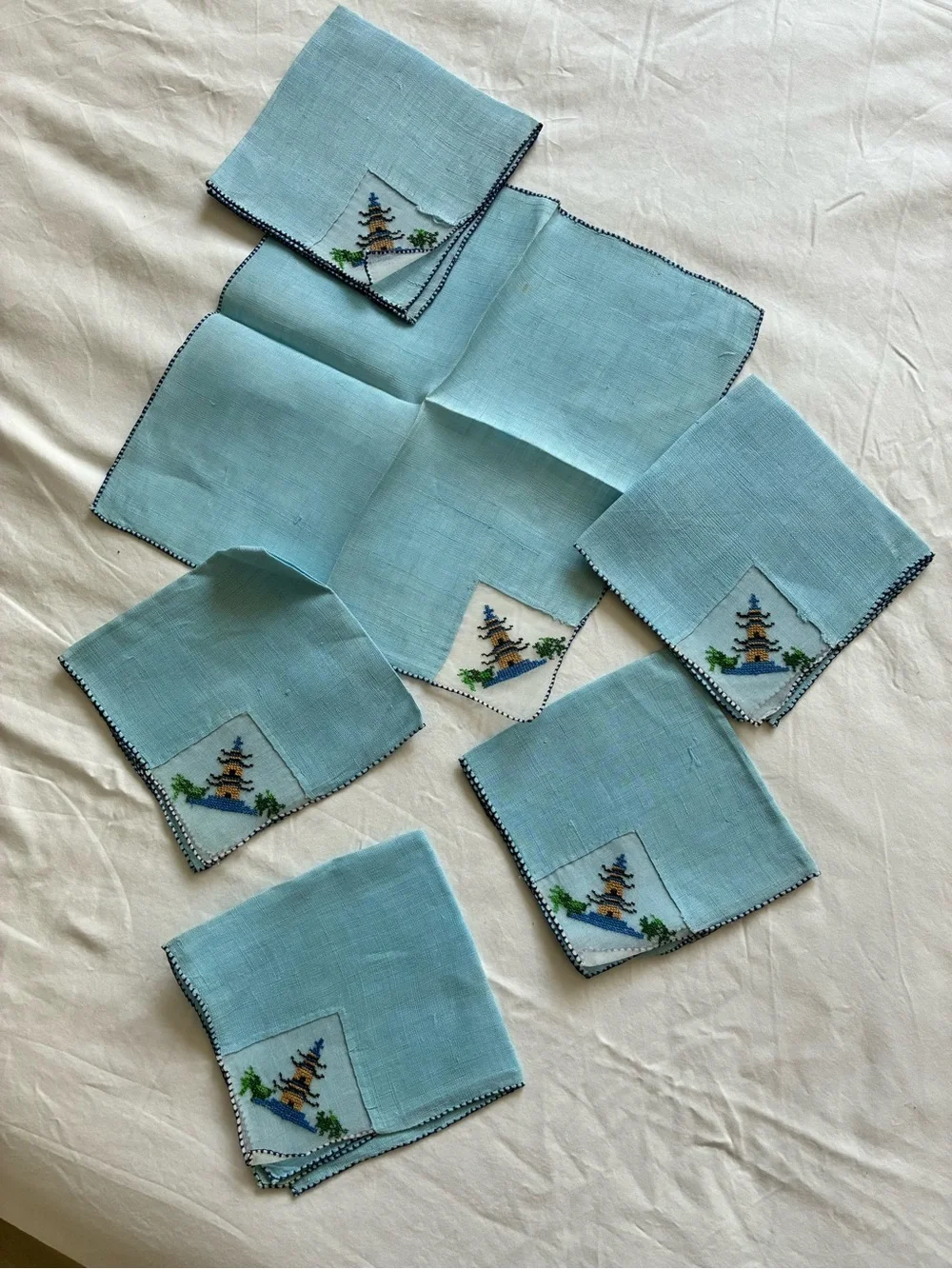 Vintage Set of 6 Light Blue Linen Embroidered Cocktail Napkins